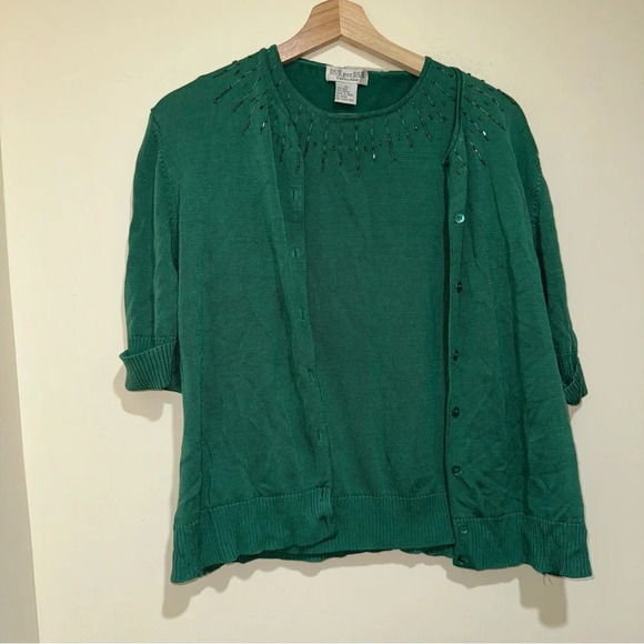 Women’s Vintage Dué Per Dué Brand Silk Green Beaded Tank Top Cardigan Size: XL - Picture 2 of 16